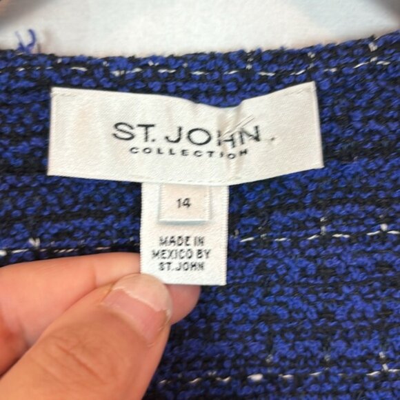 St John Women’s Knit Full zip blue tweed fringe sweater size 14 workwear luxury - Picture 7 of 12